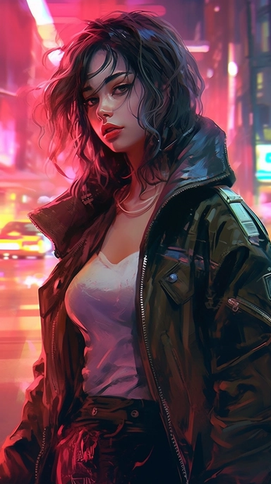 beautiful stunning pretty vintage cyberpunk anime girl, paint art style, clipart, city landscape background, superrealistic, one of a kind