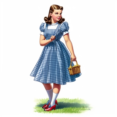 Wizard of Oz Dorothy wearing a blue gingham dress and ruby shoes, realistic, clipart
