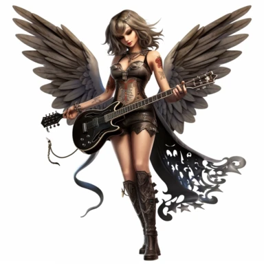 a beautiful fairy dressed as a rock n roll rock star, big wings, clipart, full body image, hyper realistic,