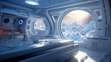 movie clip scene , shimmering lights and shadows over living room studio and kitchen open concept photographic high definition render, cold blinding shinny white winter light god rays shadows shimmering closeup detail concept art detailed painting with giant spaceship window of a cool industrial living quarters spaceship , huge over window with gorgeous galactic view, happy blade runner android, cool airvehicle cockpit, living bedroom office, droid parts in shinny clothes sitting on a fresco con