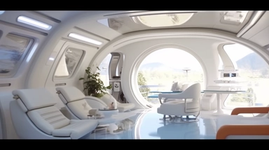 movie clip scene mid day of summer, white clean elevated living pod, shimmering lights and shadows over living room studio library and kitchen open concept photographic high definition render, cold blinding shinny white fall light god rays shadows shimmering closeup detail concept art detailed painting with giant spaceship window of a cool industrial living quarters spaceship , huge over window with gorgeous galactic view, happy blade runner android, cool airvehicle cockpit, living bedroom offic