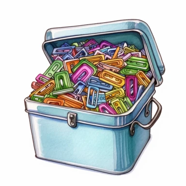 a box of colorful paper clip for classroom ,watercolor clipart, Cute kawaii , single object, illustration by katie daisy style,png transparent,white background for removing background - - no text shadow font watermark
