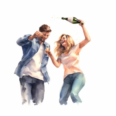 excited COUPLE, popping a bottle of champagne, toasting to their new life together, watercolor, Pixar style, Clipart on a white background