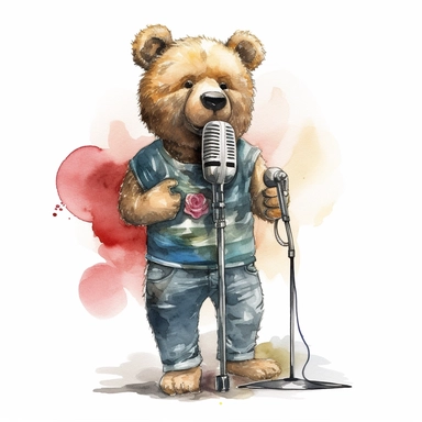 a watercolor of a realistic teddy bear, with a microphone, rock band style, vector free clipart illustration, in the style of unreal engine 5, 32k uhd, detailed features, white background