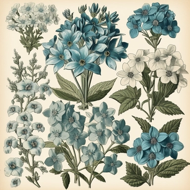 Vintage Blue Flower Clip Art Set Woodland Phlox Florals with white background