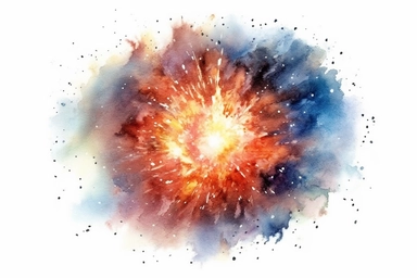 Watercolor, Imagine a fireball galaxy, characterized by its intense bursts of star formation and bright, compact regions clipart, hd, on a white background, spaced out
