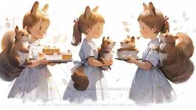 squirrel girls, Little girl exploring, illustration for book, children's book, 2 clipart, fiorucci angels, beautiful decoupage paper, pastel colors, white background clipartm, fantasy art, squirrel ears, perfect eyes, detailed body, Watercolor Clipart, strybk, full Illustration, 4k, sharp focus, watercolor, smooth soft skin, symmetrical, soft lighting, detailed face, concept art, watercolor style, strybk, children's style fairy tales, chibi kawaii, Octane rendering, 3d. Perfect face, detailed fa