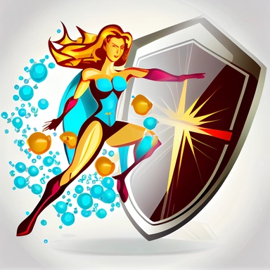 2D art fitness sport women defended by shield with lactic bifidobacteria capsules on white background, clipart vector drawing