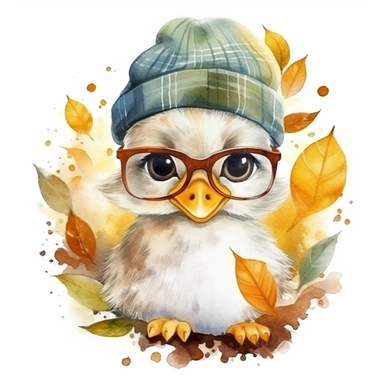 Cute duck BABY WITH GLASSES AND baseball CAP, BIG BEAUTIFUL SHINNING EYES, HEAD TWISTED DOWN TO THE SIDE, Watercolor Little Animals Clipart, LEAVES AND TREE , autumn