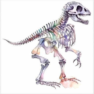 Watercolor dinosaur skeleton clipart, white isolated background, space out, hd