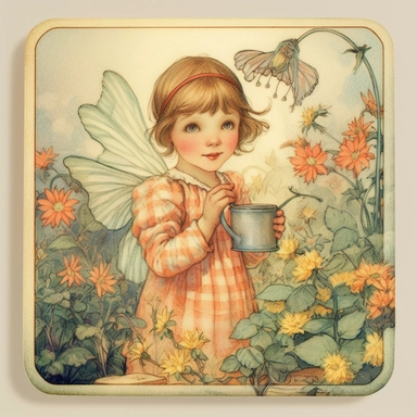 square shaped clipart of a captivating icon for showcasing a delightful pixie painting a colorful assortment of coasters, magnets, stickers, and a digital frame showcasing a stunning artwork. Illustrate the scene in the endearing style of Cicely Mary Barker, with gentle curves and tender details. The lighting should be warm and inviting, casting a cozy ambiance over the scene. Employ a pastel color scheme, incorporating soft pinks, blues, and purples with subtle metallic touches. Frame the compo