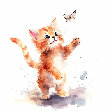 watercolor kitten leaping in the air and triest to catch a butterfly clipart, profile view, joyful kitten, joyful expression, exciting kitten, exciting expression, childlike innocence and excitement, full body visible, hairs are visible, I can't believe how cute, hand painted watercolor, digital painting, cartoon illustration, watercolor texture on paper, in style of anime pen outline, isolated on white background