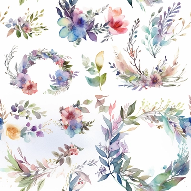 Design a set of watercolor-style digital cliparts specifically for wedding and event decorations. The cliparts should include elements such as flowers, garlands, wreaths, ribbons, and romantic symbols like hearts and doves. Consider various color palettes and styles to cater to both traditional and modern weddings and events. The cliparts should be versatile and suitable for use in invitations, save-the-date cards, menu cards, table cards, seating charts, and other decorative elements