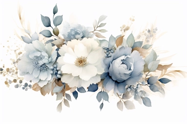 Dusty blue and white flowers, peonies, austin roses, big blooms, with muted green whispy foliage with gold flicks, elegant and beautiful floral clipart for wedding invitations, delicate, watercolor, oil painting, defined edge on white background