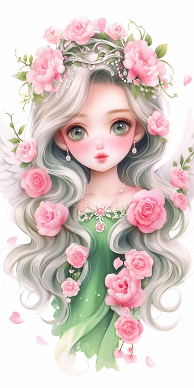 Watercolor beautiful wild roses fantasy forest angel girl with beautiful face and big eyes with flowers, with angel wing, chibi kawaii animated style, vivid vibrant colors, intricate detail, hyper detailed, hyper quality, 32K, unreal engine, isolated on white background, kawaii, clipart
