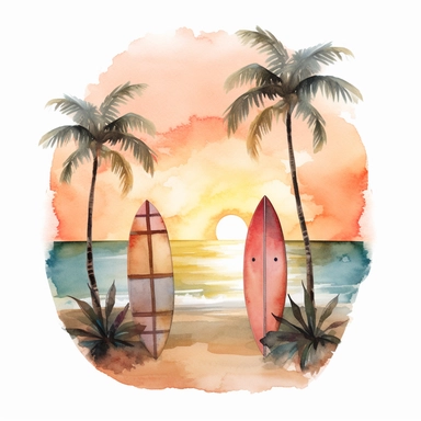 watercolour tropical beach scene sunset framed with a couple of surf boards stuck in the sand, png image that can be used as clipart