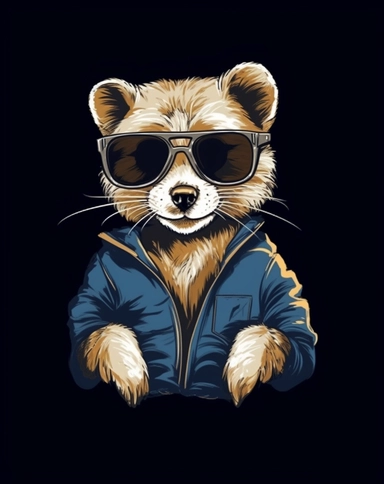 A portrait of a Ferret wearing sunglasses, direct shot standing upright on hind legs, looking very cute and cool, vector illustration, clipart, outlines, portrait, black background