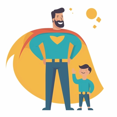 Design an engaging Father's Day clipart featuring a dad dressed as a superhero. The dad should be standing in a confident superhero pose, perhaps with a cape flowing behind him, and the child looking up to him admiringly. Try to incorporate bright, bold colors to highlight the fun and uplifting theme. The dad's superhero costume should have a 'Super Dad' logo on it. The scene should convey the idea that to his child, this dad is a real-life superhero. Make sure the illustration is high-resolutio