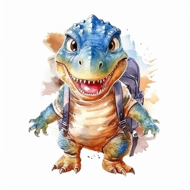 High resolution, cute baby T-rex dinosaur with backpack to school, watercolor clipart, white background for removing background