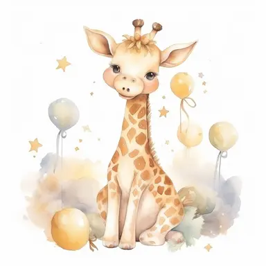 cute watercolor newborn soft beige baby giraffe toy smiling with stars and birthday cake, watercolor effect, isolated white background, babyshower clipart, soft beige tones