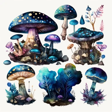 watercolor magic mushroom clipart, dark fantasy