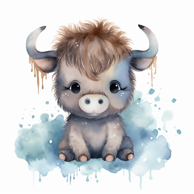 watercolour Happy Baby Buffalo Cartoon Clipart, Cute, no text