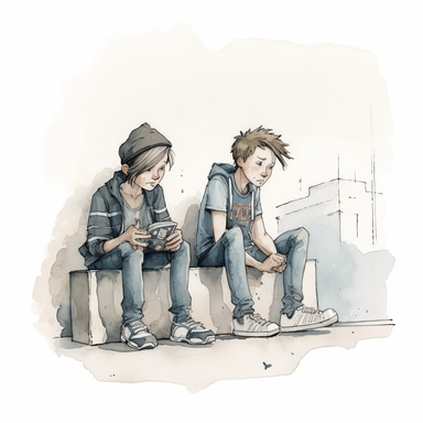 two teenage boys sittng on a curb, wearing dirty, torn jeans and old t-shirts, happy, gentle smile, beautiful watercolor ink wash coloring, thick pencil lines, Jon klassen, Adrian tomine, popular on etsy, watercolor illustrations clipart, watercolor illlustrations for kids and children, book illustrations, plain white background