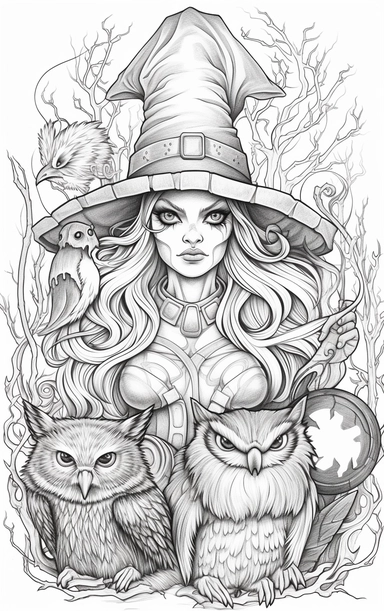 Coloring cartoon page for adult,witch clipart 6 witches, owl, in the style of reimagined by Dr. Seus, mystic mechanisms, illusory images, witchcore, lith printing ,clear and clean line art, white background