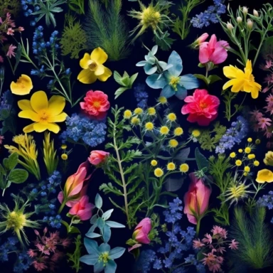 Create a vivid and captivating midjourney AI image capturing the delicate beauty of wildflowers. The image should depict a very close-up view of wildflowers as seen from an above perspective. The wildflowers should be the focal point of the image, showcasing their intricate details, vibrant colors, and unique patterns. The background should be a clean, white canvas, providing a striking contrast to the vivid wildflowers. The overall aesthetic should be visually stunning, evoking a sense of awe a