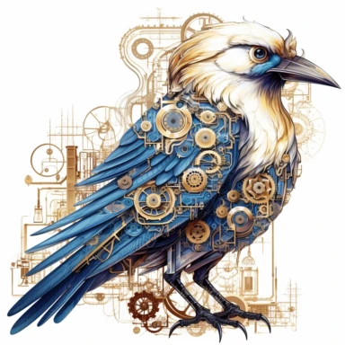 clipart, isolated on white background, a bird with gold and blue design, in the style of detailed science fiction illustrations, ivory, mysterious backdrops, quadratura, fairycore, wimmelbilder, fantastical machines