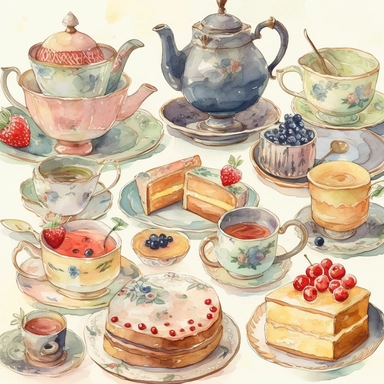 Watercolor vintage tea party items, illustrations clipart set, simple, soft colors, cartoon elements, different variants, teapot, sugar bowl, bun, jug of milk, cake stand, scones, china cup and saucer, , napkin, clotted cream, , knife, fork, jam, slice of cake on plate, tea cups, stacked teacups, lemondish, butter and bisciuits, , tea jars, , separate elements with a margin