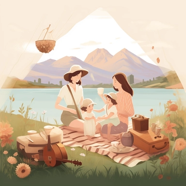 Mother's day clipart featuring a mother and her children on a picnic, surrounded by a scenic landscape of mountains and a lake, with a basket of delicious food and drinks, portraying the love and bond between them, 3D rendering, using soft lighting and a warm color palette to create a cozy and inviting atmosphere, using soft pastel colors and light brush strokes to create a dreamy effect, solid white background