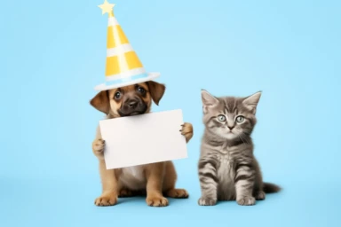 clipart of a cute cat and a cute dog with party hats holding up a blank whiteboard, light blue background