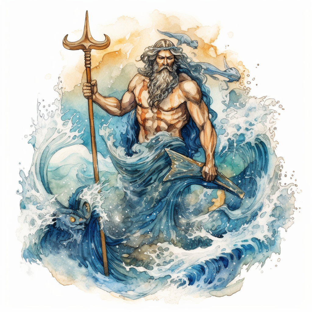 A watercolor clipart of Poseidon, the Greek god of the sea, depicted ...