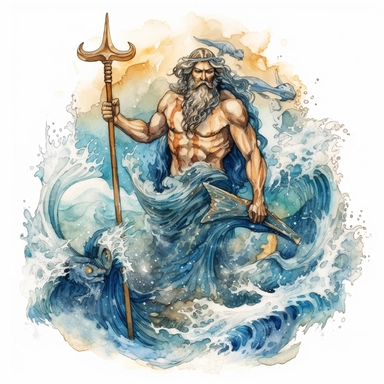 A watercolor clipart of Poseidon, the Greek god of the sea, depicted with a commanding presence, holding a trident and surrounded by crashing waves and sea creatures, capturing the essence of his dominion over the oceans