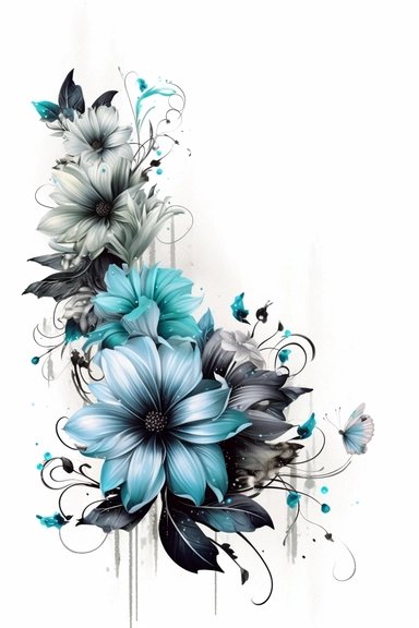 flower frame free flower frame clipart, in the style of black and white realism, dark aquamarine and gray, tattoo-inspired, asymmetrical composition, matte photo, fantasy illustration, dark white and white