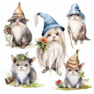 Gnome Dog watercolor clipart set white background