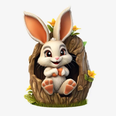 adorable bunny with bright eyes and a curious expression. peeking out from a cozy hollow in a tree trunk, surrounded by moss, mushrooms, butterflies Fairytale Cartoon Art Style, Full Body Image and Appearance, 3D-Designed Character, in style of clipart with no background