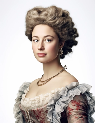 hasselblad 24 mm three quarters shot of a gorgeous realistic Queen Charlotte , clipart, Composition: Relaxed position with intricate high hairstyle, smiling, detailed natural skin, Style: Georgian Colonial, white background, hyperrealism, 32k