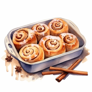 a cozy watercolor clipart image with a white background, showcasing a tray of warm and fragrant cinnamon buns, with a swirl of cinnamon sugar and a sticky glaze.