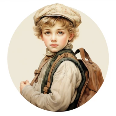 very beautiful boy with schoolbag, vintage, white background, round clipart with pastel color, detailed and lovely Renaissance painting