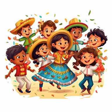 kids dancing mexican regional, cartoon style, brazilian junina party, clipart