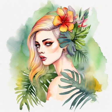 watercolor A woman's face, full body, Palm leaves - Palm leaves are large, fan-shaped leaves that are often associated with tropical locations and warm weather. They are popular in summer-themed decor and are often used to create a beachy vibe. with flowers and leaves adorning her hair. hair up with flowers vividly bold designs png Full body realistic cartoon in 32K UHD cute. 15 cm thick outline. Black color. There was no shadow on the ground. 8k with realistic watercolors. and detailed illustra