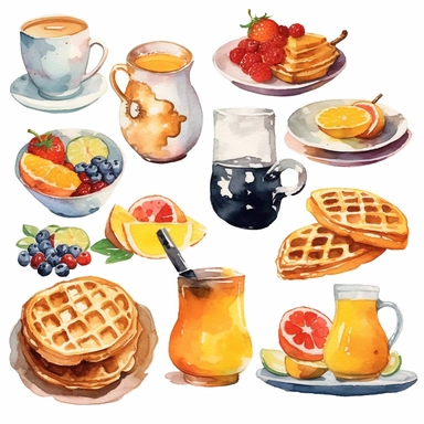 watercolor style breakfast clipart, toast, egg, sausage, waffles, mushrooms, coffee, orange juice, pancakes and fruit on a white background