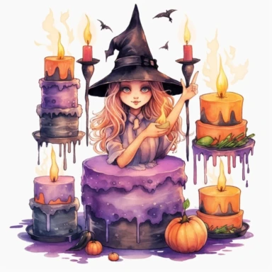Create a set of hyper-realistic watercolor texture cliparts with a witch birthday theme. Each image should feature a different color palette, adding variety and vibrancy to the collection. The cliparts should include elements such as a cute witch holding a broomstick, a big cake with candles, cupcakes, and various desserts, all rendered in unique pastel colors. Each element should be isolated and placed on a white background, with a margin separating them for easy use. The witch should be depict