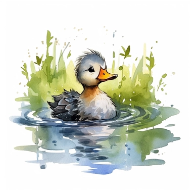 an adorable Duck in a pond the style of watercolour clipart with detailed brush strokes