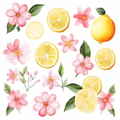 basic watercolor pink lemonade flowers in minimal hand drawn style, Etsy, textured, clipart, white background