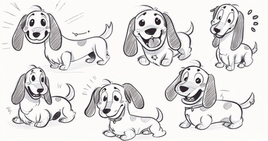 A happy dachshund dog with a simple pen illustration, multiple poss and expressionsas .angry,happycoquettish, anime emoticons and angry faces clipart collection clip artillustrations, in the style of #screenshotsaturday, comic stripsketchy, white and black, comical choreography, old memecore,drawing