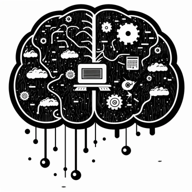 clipart of a brain which is also a computer monitor full of lines of code. Beautiful, flat, cute manga style, black and white, round image borders