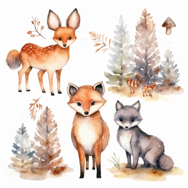 Fox, Bear, Deer, Hedgehog, animals Clipart Watercolor, Nursery Clipart, only animals, precise, professional, Transparent background PNGs, no text, no alphabet, no typography, no flowers, no plants, no leaves